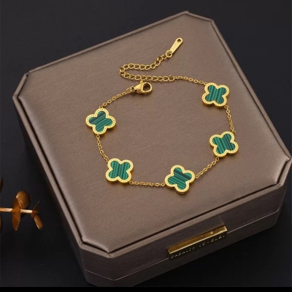 💎18k Green Malachite BRACELET 5 Motifs Clover Flower DESIGNER INSPIRED - Picture 4 of 5